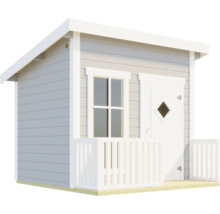 Kinderspielhaus aus Holz mit Pultdach, einer Tür mit Rautenfenster, einem Fenster und einer kleinen Terrasse mit Geländer.