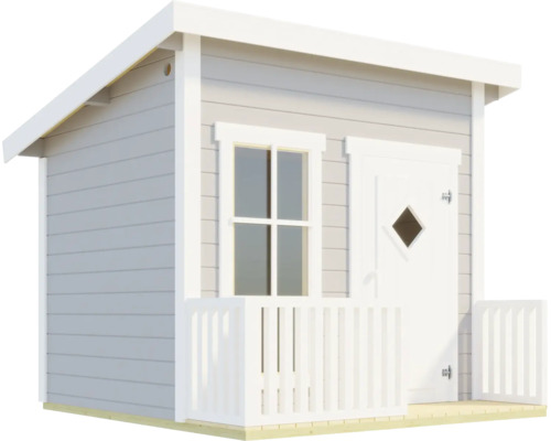 Kinderspielhaus aus Holz mit Pultdach, einer Tür mit Rautenfenster, einem Fenster und einer kleinen Terrasse mit Geländer.