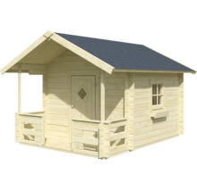Gartenhaus aus Holz mit Satteldach, Veranda, Einzeltür mit Rautenfenster und Seitenfenster mit Blumenkasten.