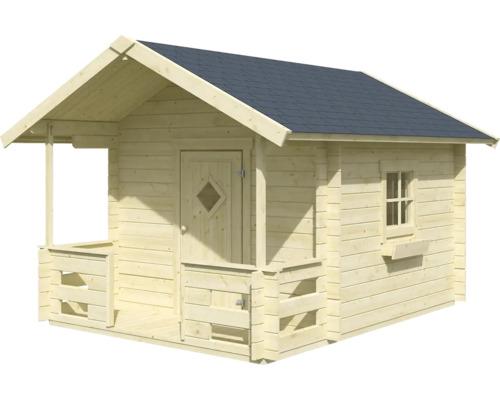 Gartenhaus aus Holz mit Satteldach, Veranda, Einzeltür mit Rautenfenster und Seitenfenster mit Blumenkasten.