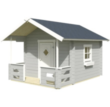 Spielhaus aus Holz mit Satteldach, kleiner Veranda mit Geländer, Tür mit Rautenfenster und Seitenfenster mit Blumenkasten.