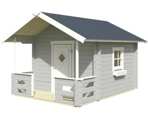 Spielhaus aus Holz mit Satteldach, kleiner Veranda mit Geländer, Tür mit Rautenfenster und Seitenfenster mit Blumenkasten.