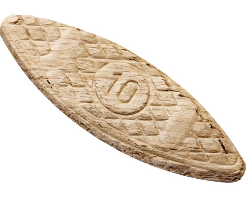 Flachdübel Größe 10 aus Holz mit strukturierter Oberfläche.