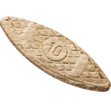 Flachdübel Größe 10 aus Holz mit strukturierter Oberfläche.