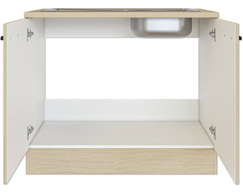 Spülenunterschrank mit geöffneten Türen, Innenansicht mit Spülbecken und Korpus in Holzoptik.