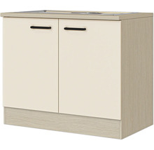Küchen-Spülenschrank mit zwei Türen, schwarzen Griffen und integrierter Edelstahlspüle, Korpus in Holzoptik.