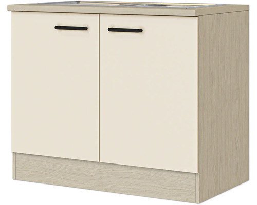 Küchen-Spülenschrank mit zwei Türen, schwarzen Griffen und integrierter Edelstahlspüle, Korpus in Holzoptik.