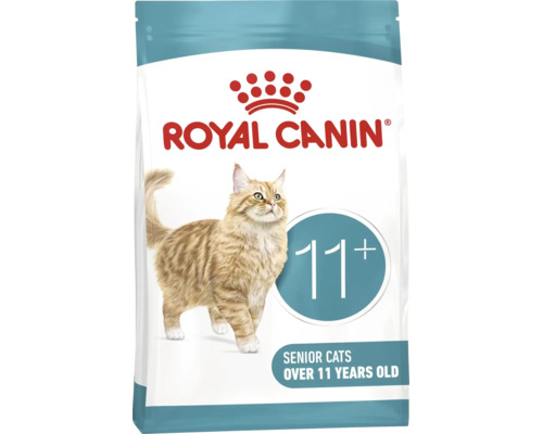 Royal Canin Logo, Katzenfutter für Senior-Katzen über elf Jahre mit einer Abbildung einer Katze.