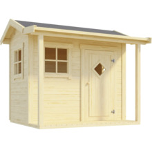 Gartenhaus aus Holz mit Satteldach, Tür mit Rautenfenster, einem Frontfenster und einem Seitenfenster mit Sprossen.