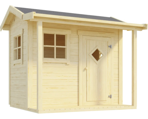 Gartenhaus aus Holz mit Satteldach, Tür mit Rautenfenster, einem Frontfenster und einem Seitenfenster mit Sprossen.