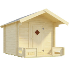 Gartenhaus aus hellem Holz mit Satteldach, Einzeltür mit rautenförmigem Fenster und kleiner Terrasse.