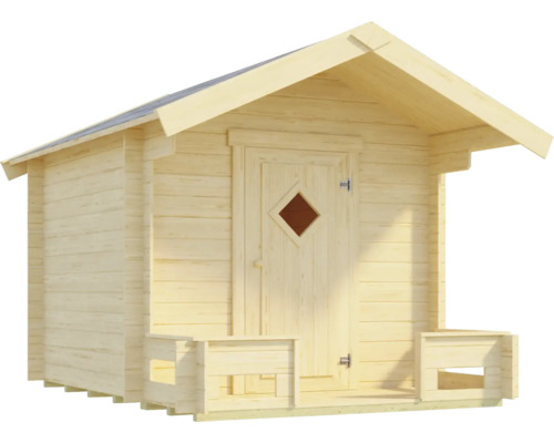 Gartenhaus aus hellem Holz mit Satteldach, Einzeltür mit rautenförmigem Fenster und kleiner Terrasse.