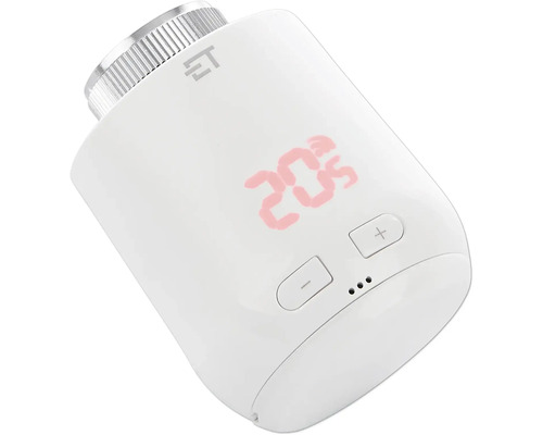 Elektronisches Heizkörperthermostat mit Digitalanzeige von 20,5 Grad, Plus-Minus-Tasten und ET Logo.