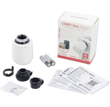 Eurotronic Comet Zero Zigbee Heizkörperthermostat Set inklusive Batterien, Montageadaptern und Bedienungsanleitung.