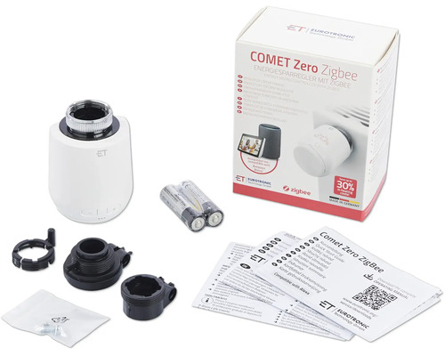 Eurotronic Comet Zero Zigbee Heizkörperthermostat Set inklusive Batterien, Montageadaptern und Bedienungsanleitung.