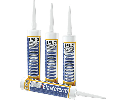 PCI Elastoferm Hybrid-Dichtstoff in Kartuschen zum Verkleben und Abdichten von Anschlussfugen.