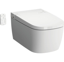Wandhängende Dusch-Toilette in Weiß inklusive Fernbedienung mit verschiedenen Einstellmöglichkeiten für die Reinigung.