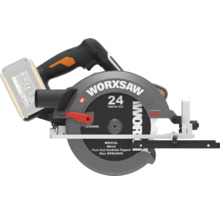 Worx Akku-Handkreissäge Worxsaw WX533L mit 24-Zahn-Hartmetall-Sägeblatt und Staubabsauganschluss.