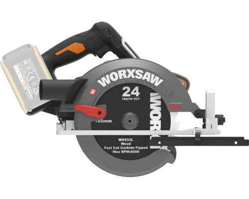 Worx Akku-Handkreissäge Worxsaw WX533L mit 24-Zahn-Hartmetall-Sägeblatt und Staubabsauganschluss.