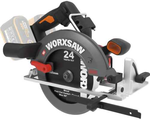 Worx 20 Volt Akku-Handkreissäge Worxsaw mit einem Sägeblatt mit 24 Zähnen und 65 Millimeter Schnitttiefe.