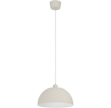 Beige Pendelleuchte mit halbkugelförmigem Schirm und passendem Baldachin für die Deckenmontage.