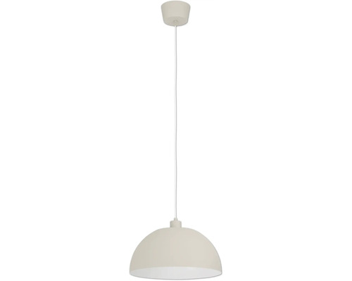 Beige Pendelleuchte mit halbkugelförmigem Schirm und passendem Baldachin für die Deckenmontage.