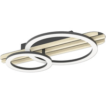 Moderne LED-Deckenleuchte mit zwei schwarzen Ringen und Holzelementen.