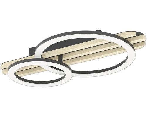 Moderne LED-Deckenleuchte mit zwei schwarzen Ringen und Holzelementen.