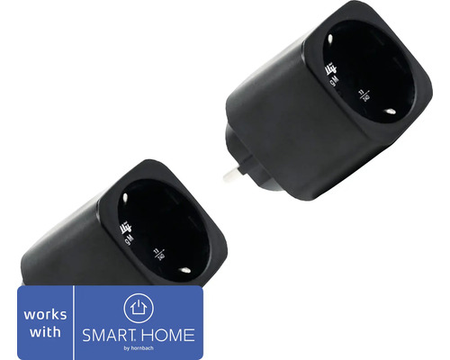 Zwei schwarze intelligente Steckdosen Shelly Plug S. SMART HOME by hornbach Logo.