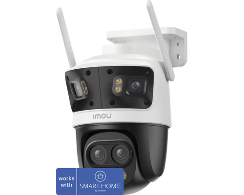 Imou Überwachungskamera für den Außenbereich mit Dual-Objektiv und zwei Antennen. Kompatibel mit SMART HOME by hornbach. Imou Logo.