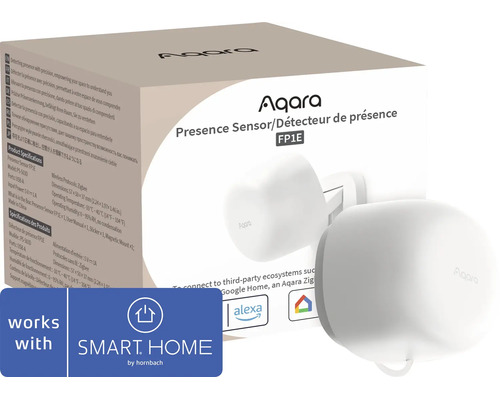 Aqara Präsenzsensor FP1E mit Verpackung. SMART HOME by hornbach Logo, Amazon Alexa Logo und Google Home Logo.