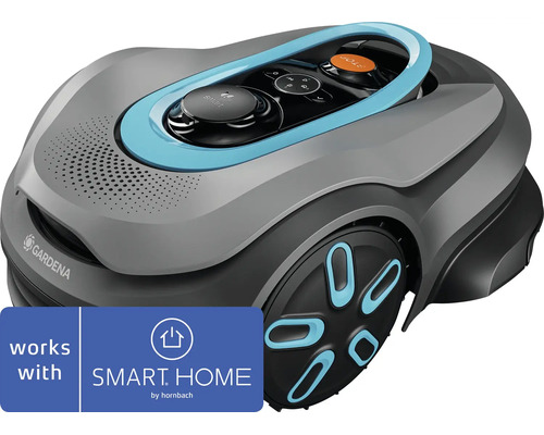 Gardena Mähroboter, kompatibel mit SMART HOME by hornbach, graues Gehäuse mit blauen Details und Bedienfeld.