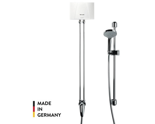 Clage Durchlauferhitzer Set mit Duschgarnitur, Brausestange und Einhebelmischer. Hergestellt in Deutschland.