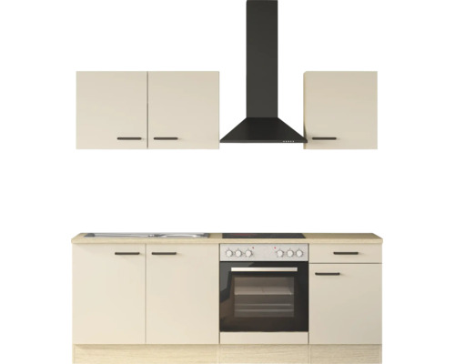 Moderne Küchenzeile mit Hängeschränken, Unterschränken, Einbaubackofen, Glaskeramikkochfeld, Dunstabzugshaube und Spüle.