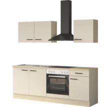 Küchenblock mit beigen Fronten und Holzdekor, inklusive Einbaubackofen, Glaskeramikkochfeld, Spüle und Dunstabzugshaube.