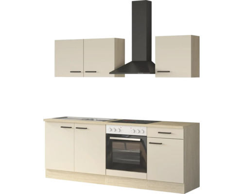 Küchenblock mit beigen Fronten und Holzdekor, inklusive Einbaubackofen, Glaskeramikkochfeld, Spüle und Dunstabzugshaube.