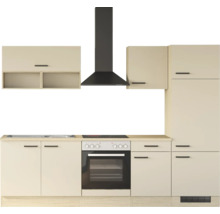 Kompaktküche in Beige mit Backofen, Kochfeld, Dunstabzugshaube und Spüle sowie Ober- und Unterschränken.