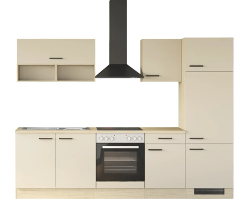 Kompaktküche in Beige mit Backofen, Kochfeld, Dunstabzugshaube und Spüle sowie Ober- und Unterschränken.