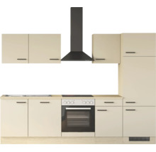 Moderne Küchenzeile mit beigen Fronten, inklusive Elektroherd, Kochfeld und Dunstabzugshaube in Schwarz.