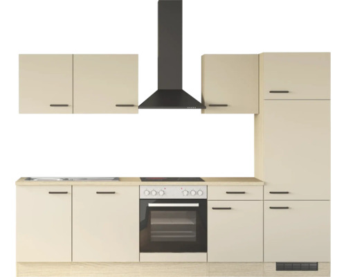 Moderne Küchenzeile mit beigen Fronten, inklusive Elektroherd, Kochfeld und Dunstabzugshaube in Schwarz.