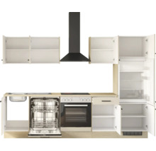 Küchenzeile mit Einbaugeräten, Geschirrspüler, Backofen, Kochfeld, Dunstabzugshaube und Kühlschrank, Schränke und Geräte sind geöffnet dargestellt.