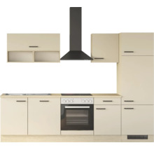 Küchenblock mit Backofen, Kochfeld, Spüle und Dunstabzugshaube, beige Fronten mit dunklen Griffen und Arbeitsplatte in Holzoptik.