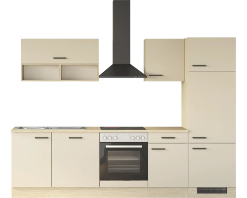 Küchenblock mit Backofen, Kochfeld, Spüle und Dunstabzugshaube, beige Fronten mit dunklen Griffen und Arbeitsplatte in Holzoptik.