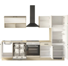 Küchenzeile in Eichenoptik mit geöffneten Schränken und Elektrogeräten: Spüle, Geschirrspüler, Backofen, Dunstabzugshaube und Kühlschrank.