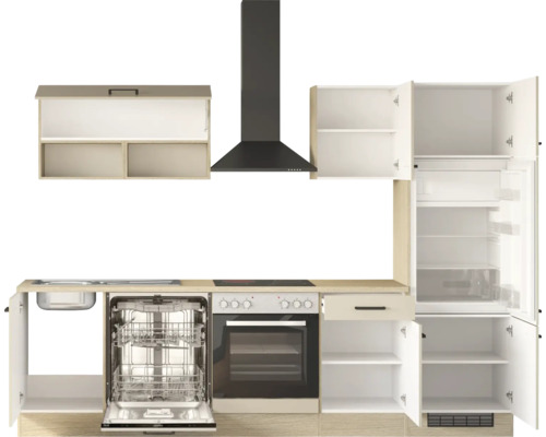 Küchenzeile in Eichenoptik mit geöffneten Schränken und Elektrogeräten: Spüle, Geschirrspüler, Backofen, Dunstabzugshaube und Kühlschrank.