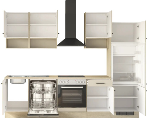 Küchenzeile mit Backofen, Dunstabzugshaube, Geschirrspüler, Kühlschrank, Hänge- und Unterschränken in Holzoptik und Weiß.