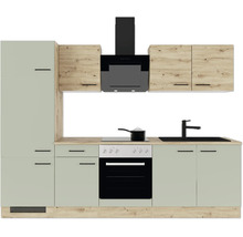 Moderne Küchenzeile mit Einbaubackofen, Kochfeld, Dunstabzugshaube und Spüle. Fronten in Holzoptik und Matt. Schwarze Griffe.