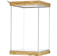 Glasterrarium mit Bambuselementen und integrierter Beleuchtung.