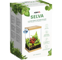 Produktverpackung für Aquael Selva Mini-Terrarium mit Glasterrarium, Bambusbasis, Deckel und App-gesteuerter LED-Beleuchtung.