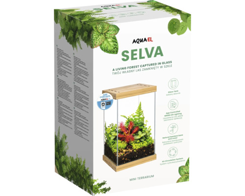 Produktverpackung für Aquael Selva Mini-Terrarium mit Glasterrarium, Bambusbasis, Deckel und App-gesteuerter LED-Beleuchtung.